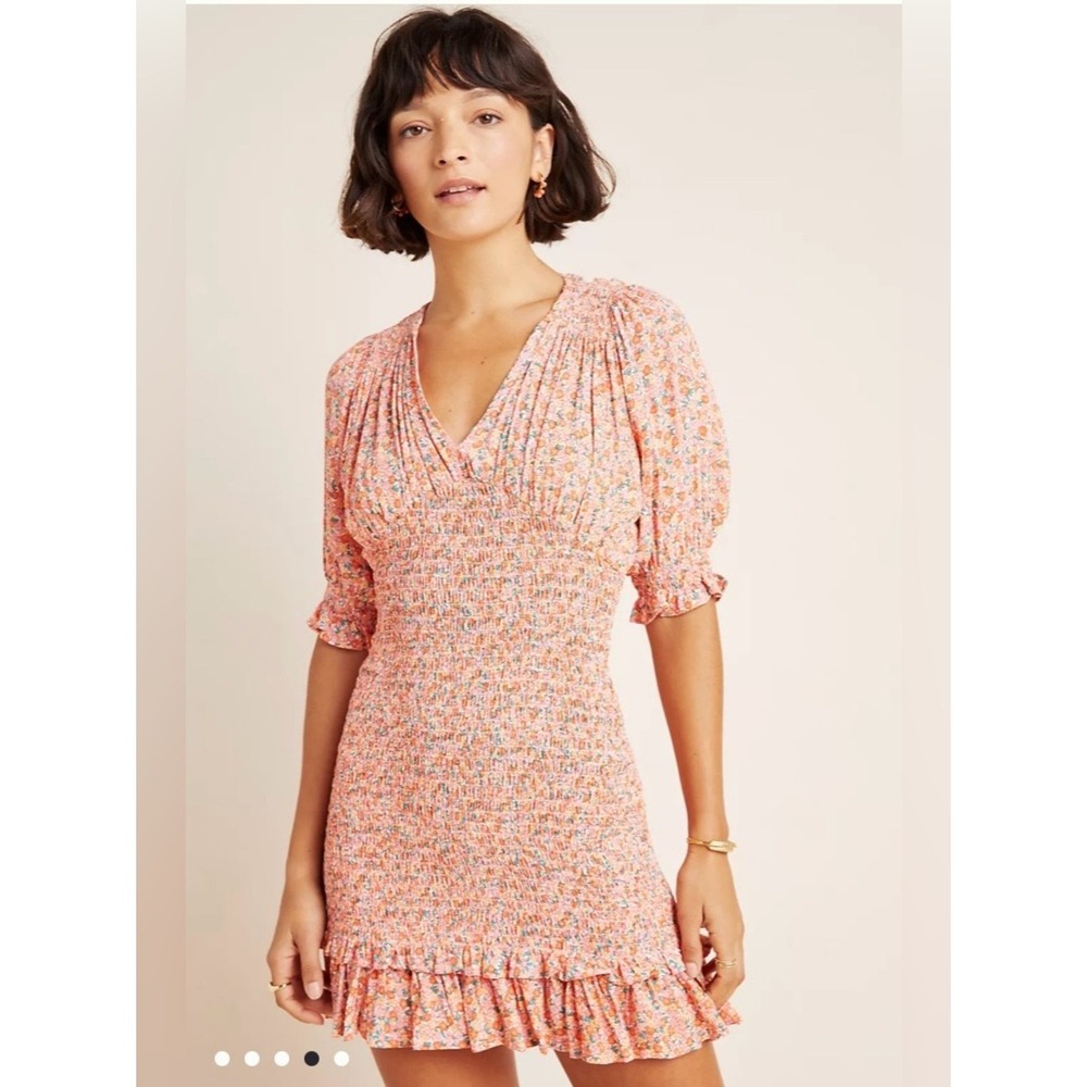 Faithfull the Brand‎ Margherita Smocked Floral Mini Dress Pink Orange XS